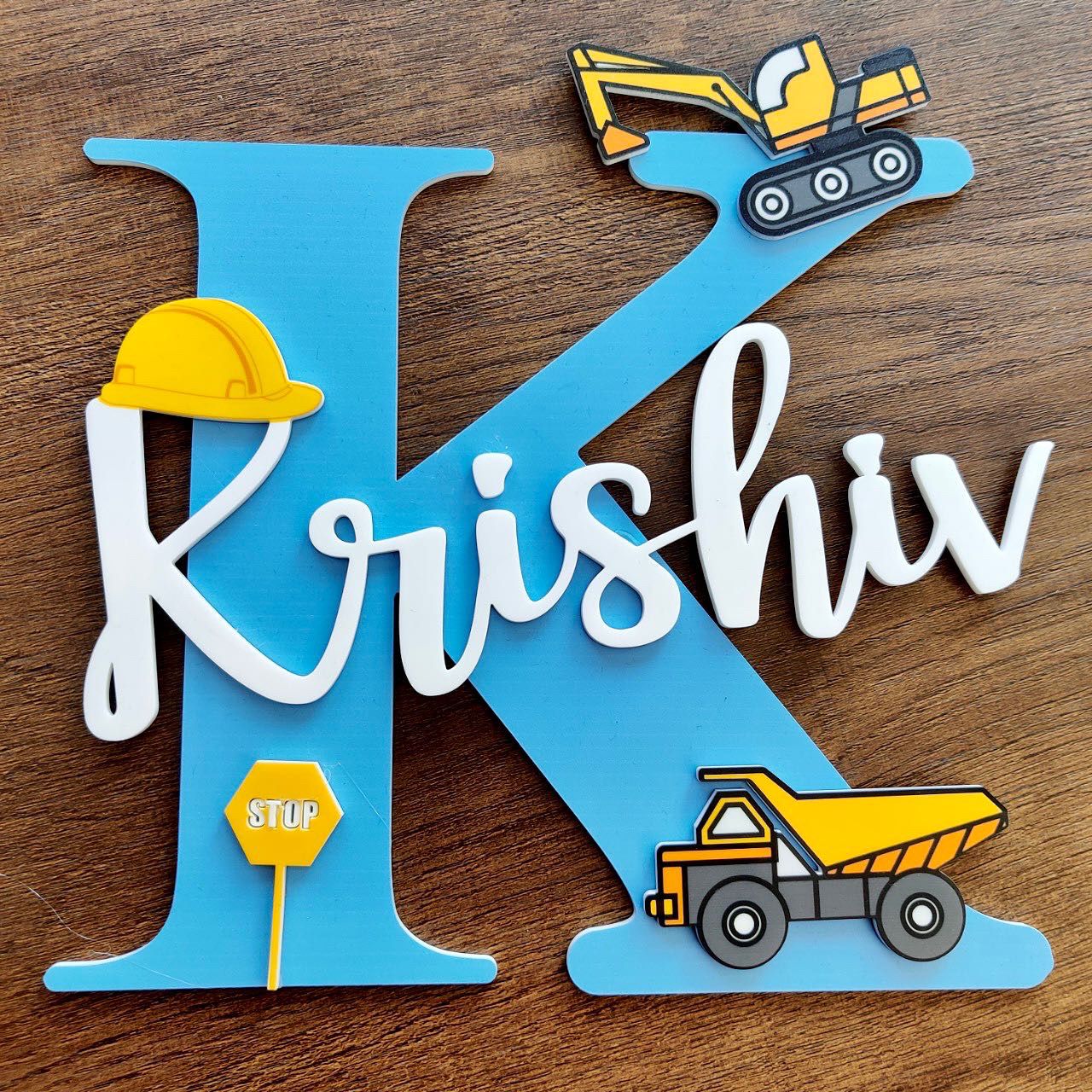 Personalised Blue Kids Name Plate - Construction Theme(25 cm)